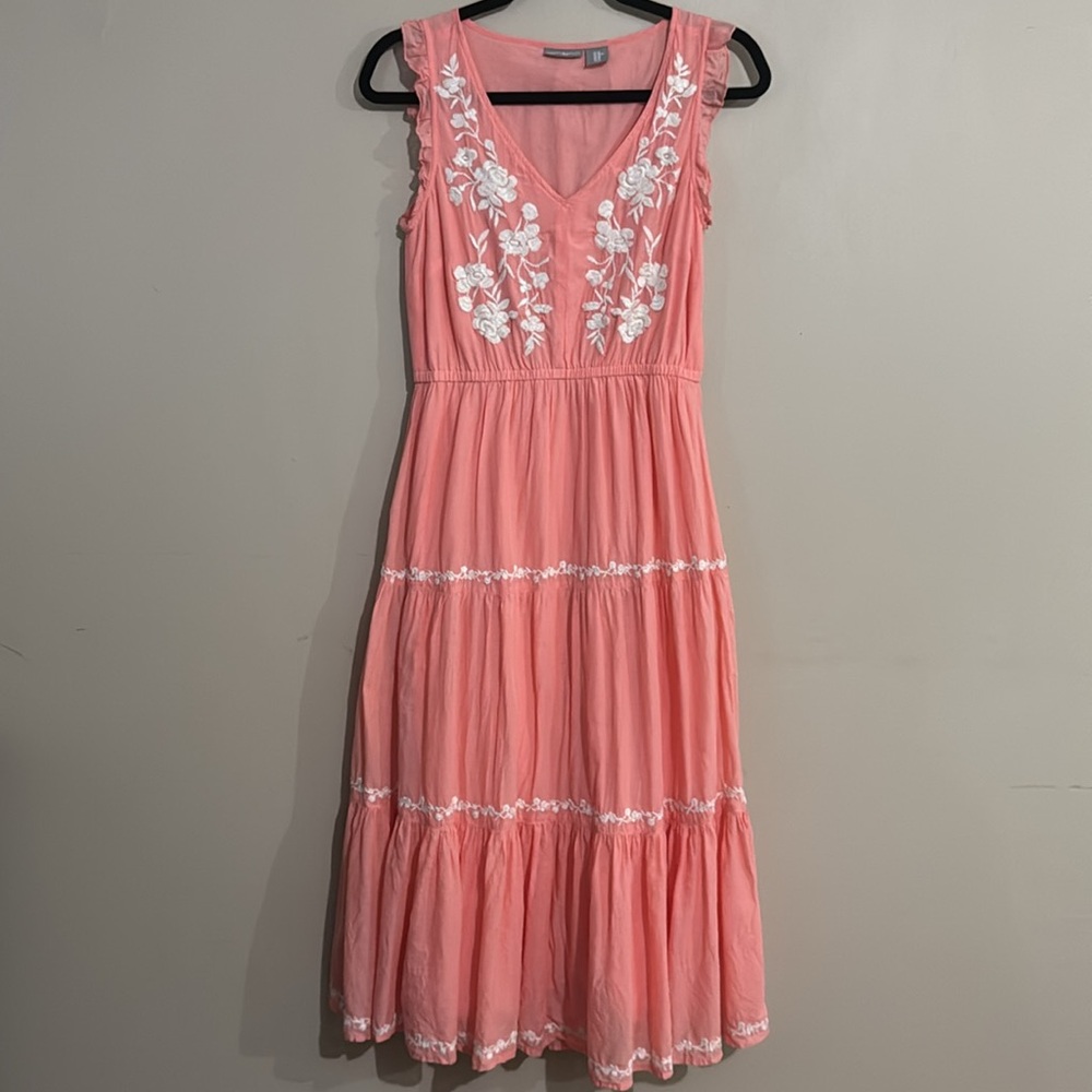 Lucky Brand Coral Midi Dress with White embroidered Floral Details Women's SzXS - Picture 4 of 10